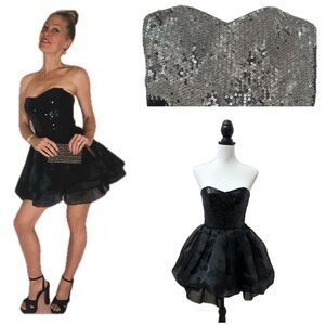 Betsey Johnson sequin tulle black 80s strapless mini dress size 0 prom Y2K